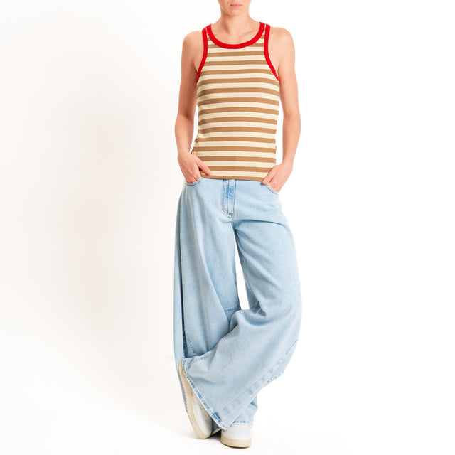 Haveone-Top a righe bordi contrasto cotone ricicla - rosso/burro/tabacco