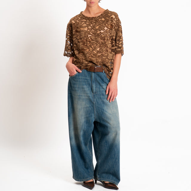 Haveone-Blusa mezza manica in pizzo - moro