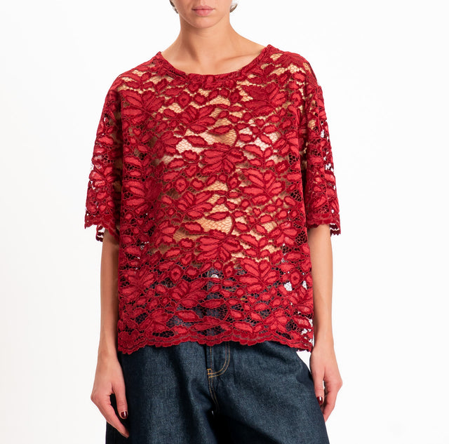 Haveone-Blusa mezza manica in pizzo - rosso