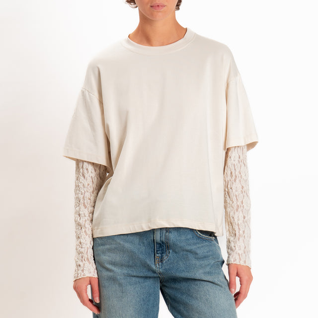 Haveone-T-shirt in jersey maniche con pizzo - burro