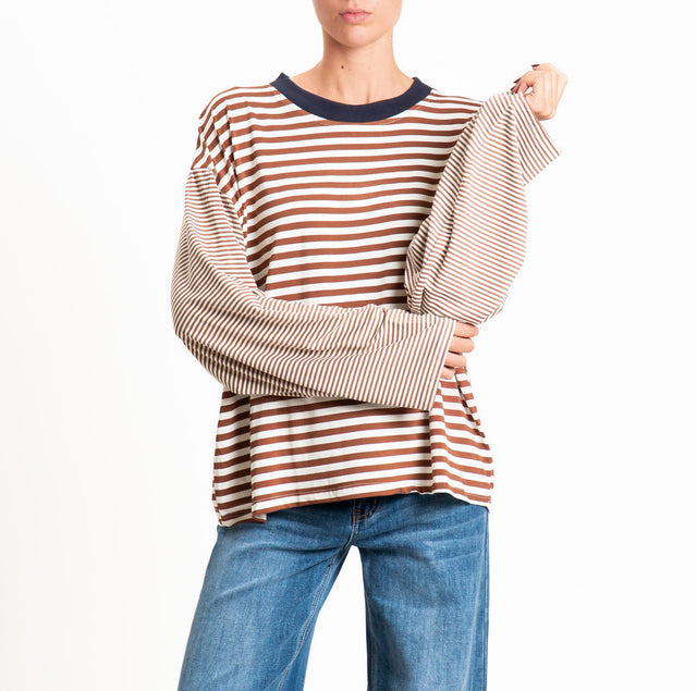 Haveone-T-shirt righe manica ampia - blu/panna/tabacco