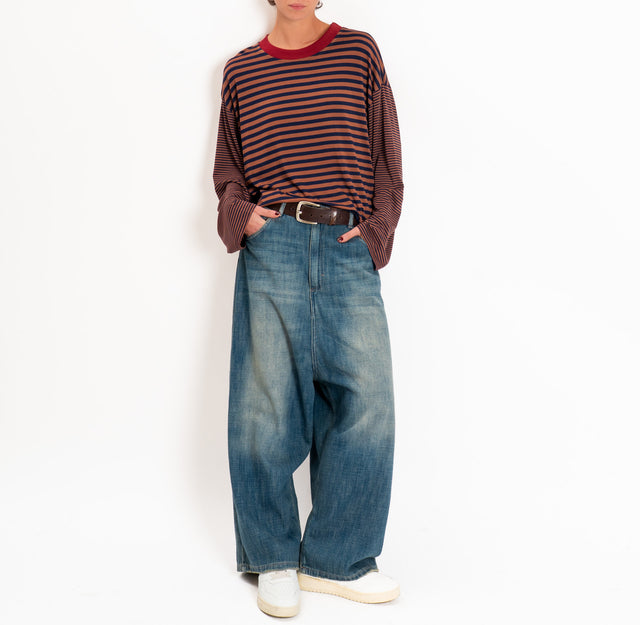 Haveone-T-shirt righe manica ampia - bordeaux/tabacco/blu