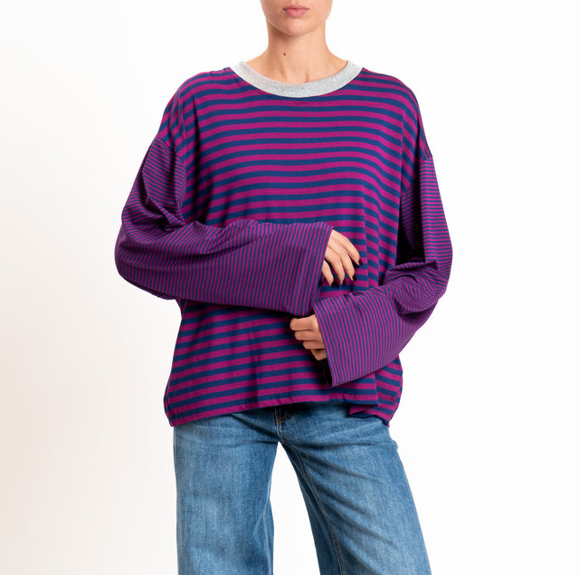 Haveone-T-shirt righe manica ampia - grigio/blu/orchidea