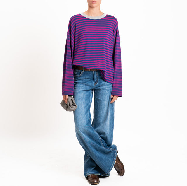 Haveone-T-shirt righe manica ampia - grigio/blu/orchidea