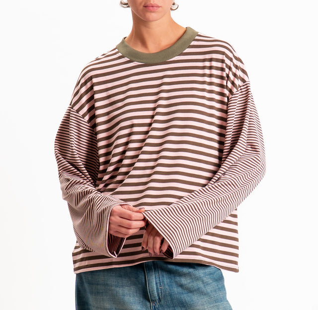 Haveone-T-shirt righe manica ampia - militare/rosa/moro