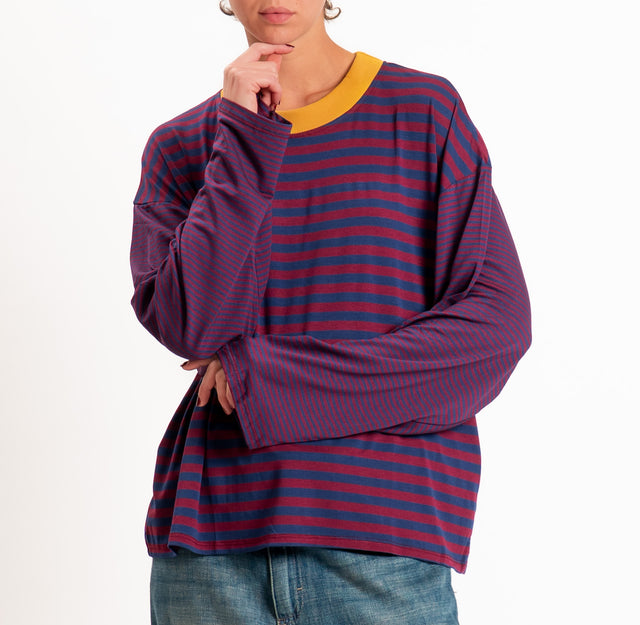Haveone-T-shirt righe manica ampia - ocra/bordeaux/blu