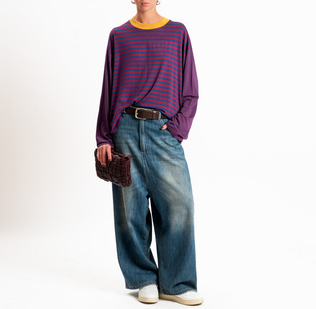 Haveone-T-shirt righe manica ampia - ocra/bordeaux/blu