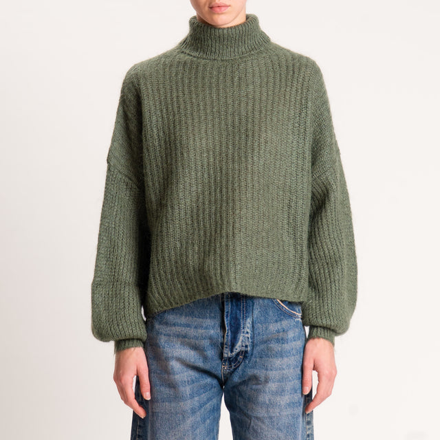 Kontatto-Maglia mohair collo alto coste inglesi - oliva