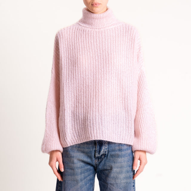 Kontatto-Maglia mohair collo alto coste inglesi - rosa