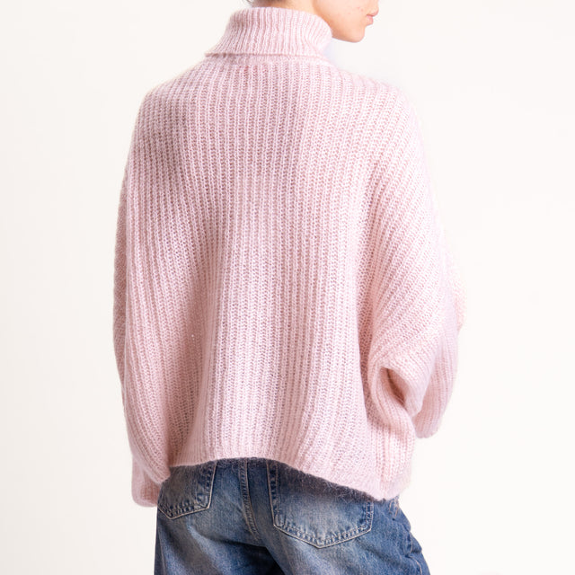 Kontatto-Maglia mohair collo alto coste inglesi - rosa
