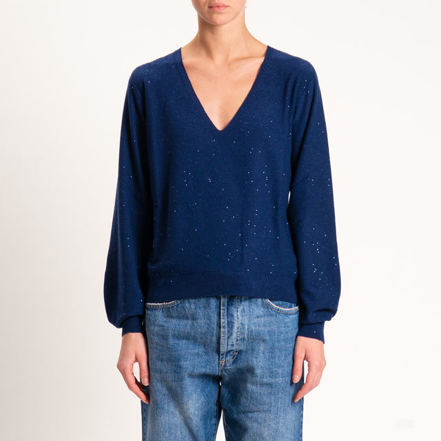 Kontatto-Maglia scollo v con micro paillettes - blu