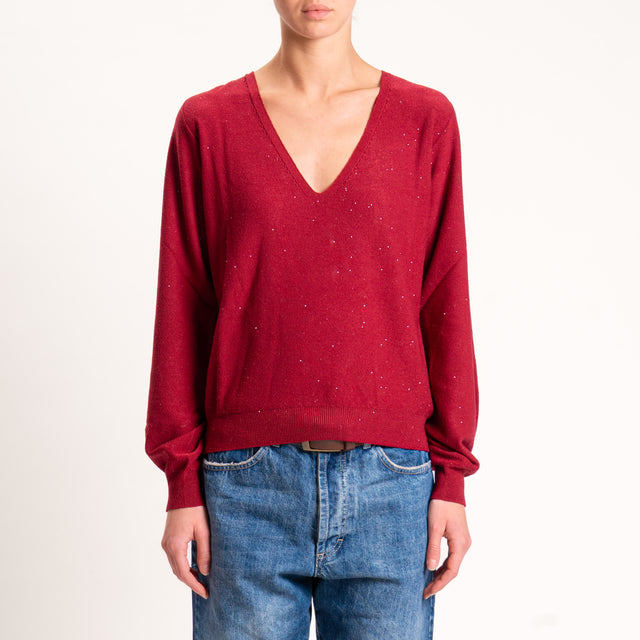 Kontatto-Maglia scollo v con micro paillettes - cherry