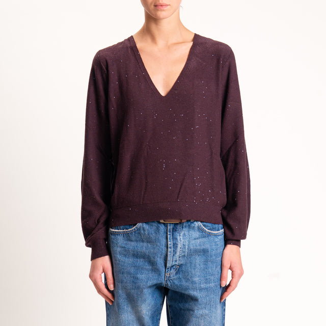 Kontatto-Maglia scollo v con micro paillettes - mogano