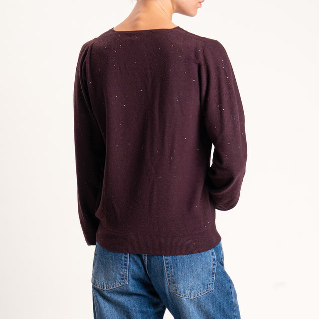Kontatto-Maglia scollo v con micro paillettes - mogano