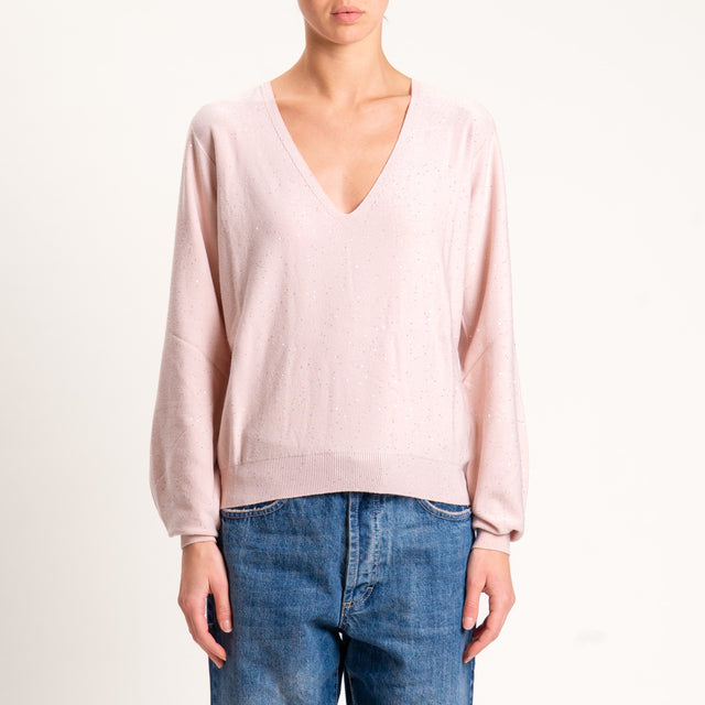 Kontatto-Maglia scollo v con micro paillettes - rosa