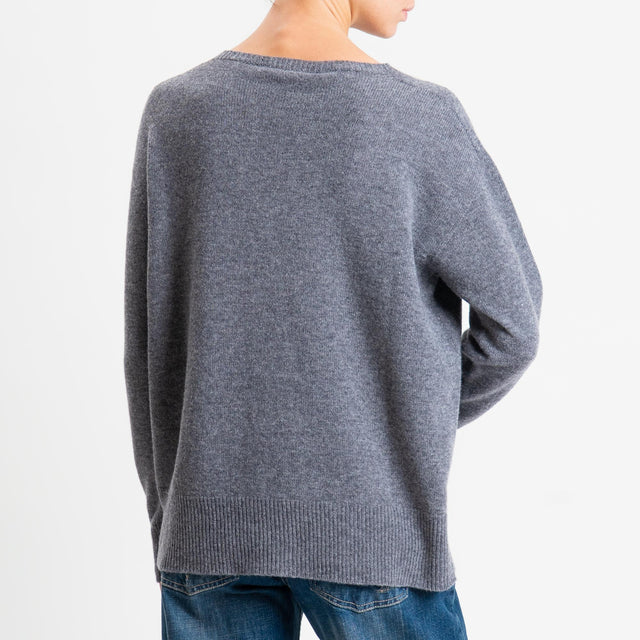 Kontatto-Maglia girocollo bordi a coste 100% LANA - grigio medio