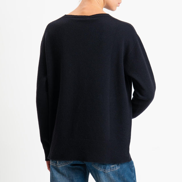 Kontatto-Maglia girocollo bordi a coste 100% LANA - nero