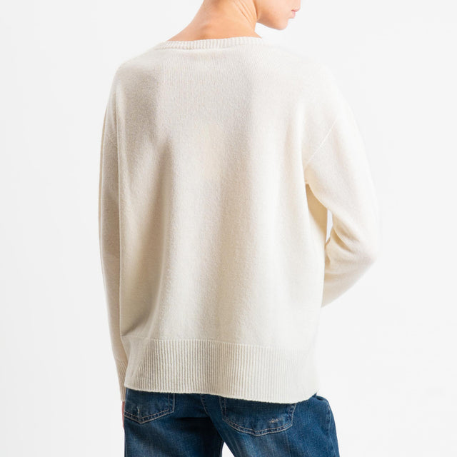 Kontatto-Maglia girocollo bordi a coste 100% LANA - panna