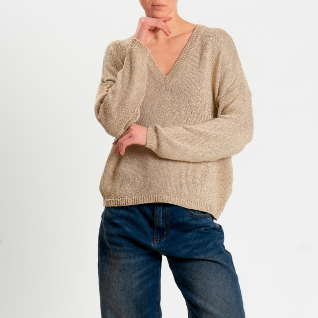 Kontatto- Maglia scollo v in lurex - oro