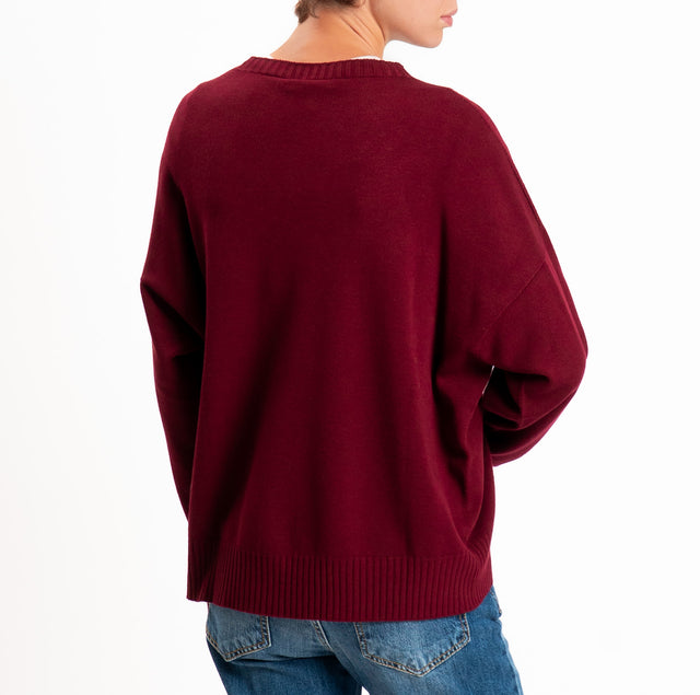 Kontatto-Round neck sweater with ribbed edges - marsala