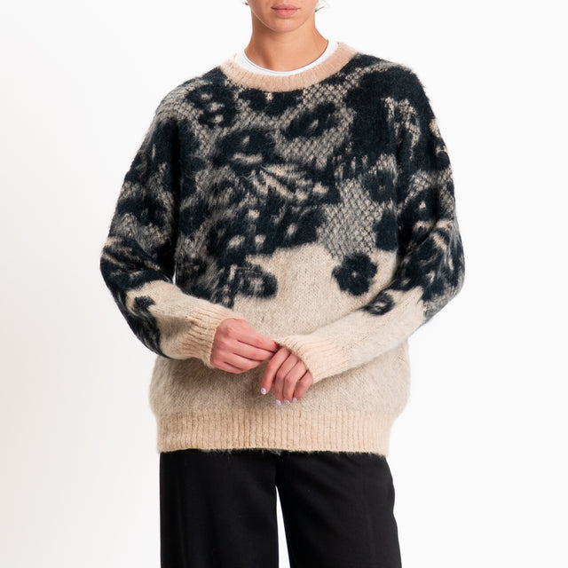 Kontatto-Maglia mohair girocollo jacquard - mastice/nero