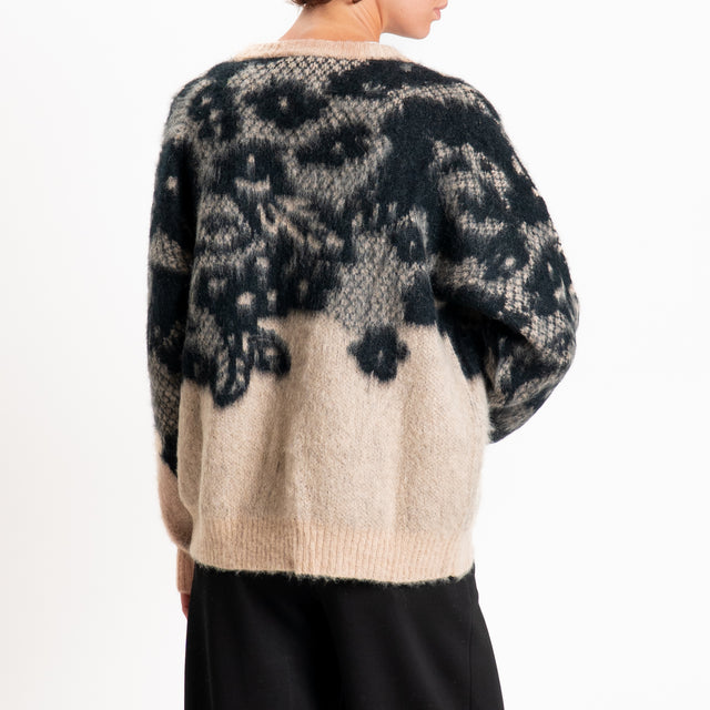 Kontatto-Maglia mohair girocollo jacquard - mastice/nero