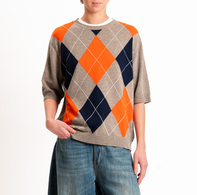 Kontatto-Maglia argyle lana/cashmere - tortora/arancio/blu