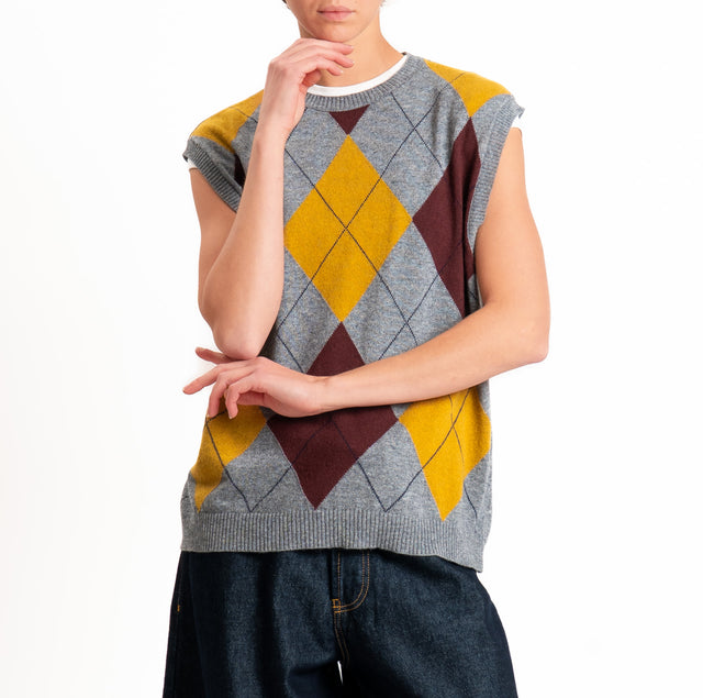 Kontatto-Gilet argyle misto lana/cashmere - grigio/olio/vino