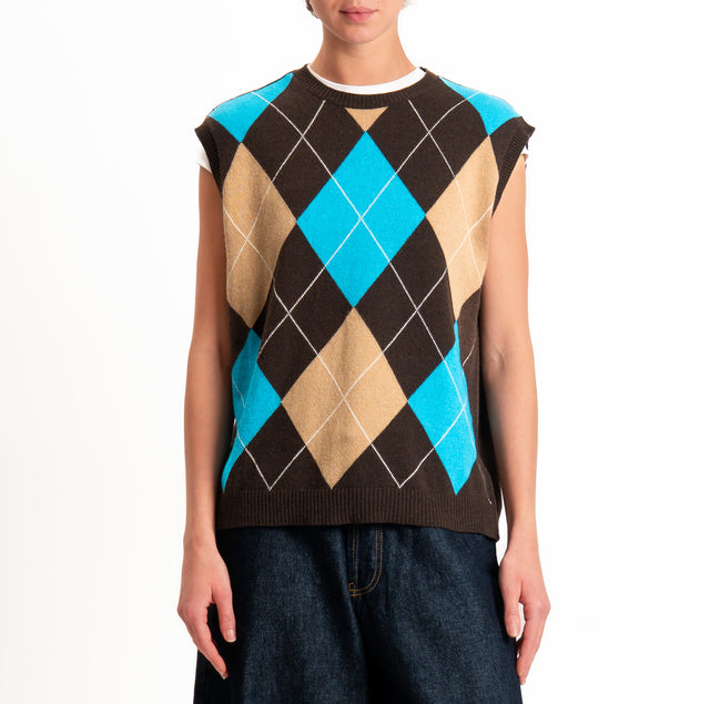 Kontatto-Gilet argyle misto lana/cashmere - moka/turchese/mastice