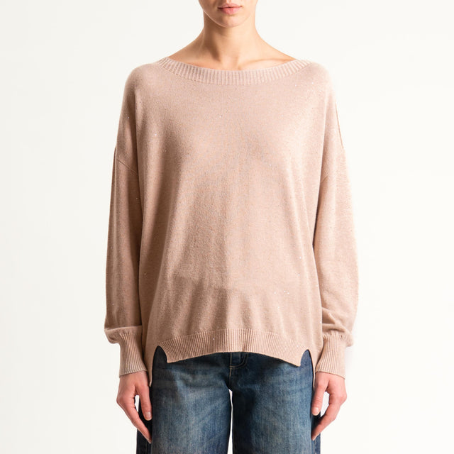 Kontatto-Maglia girocollo con micro paillettes - beige