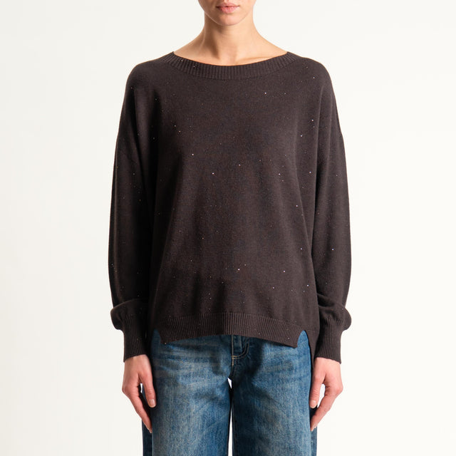 Kontatto-Maglia girocollo con micro paillettes - moro