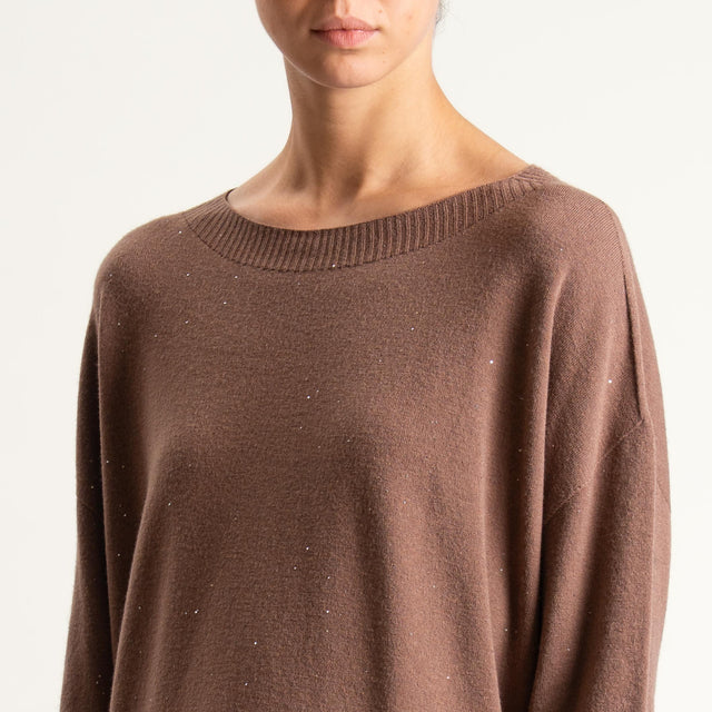 Kontatto-Maglia girocollo con micro paillettes - nocciola