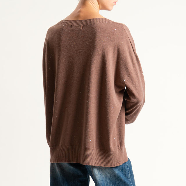 Kontatto-Maglia girocollo con micro paillettes - nocciola
