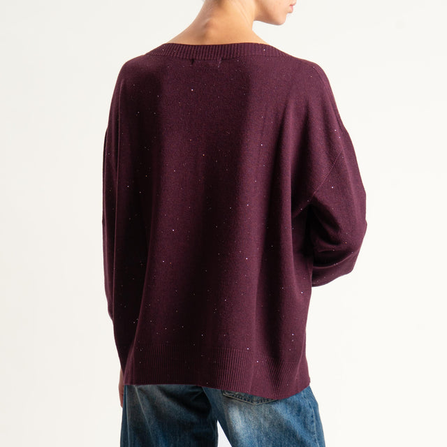 Kontatto-Maglia girocollo con micro paillettes - melanzana