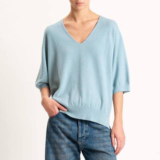 Kontatto-Maglia scollo v con micro paillettes - acqua