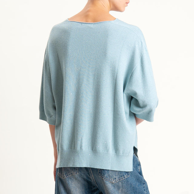 Kontatto-Maglia scollo v con micro paillettes - acqua