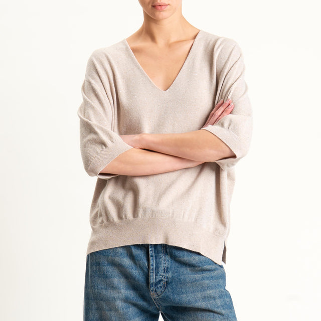 Kontatto-Maglia scollo v con micro paillettes - beige