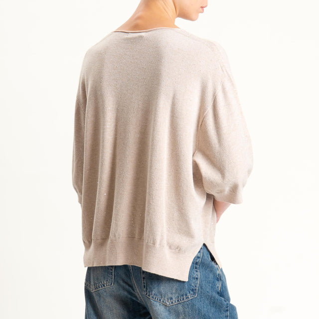 Kontatto-Maglia scollo v con micro paillettes - beige