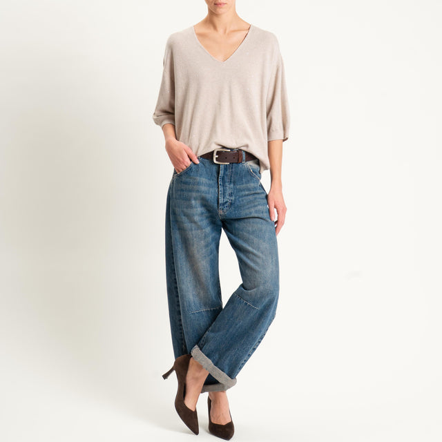 Kontatto-Maglia scollo v con micro paillettes - beige