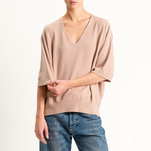 Kontatto-Maglia scollo v con micro paillettes - brick