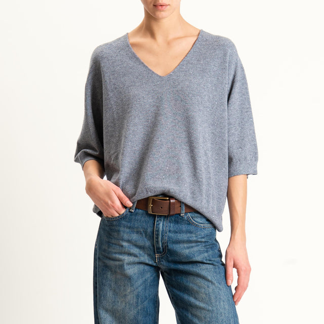 Kontatto-Maglia scollo v con micro paillettes - grigio melange