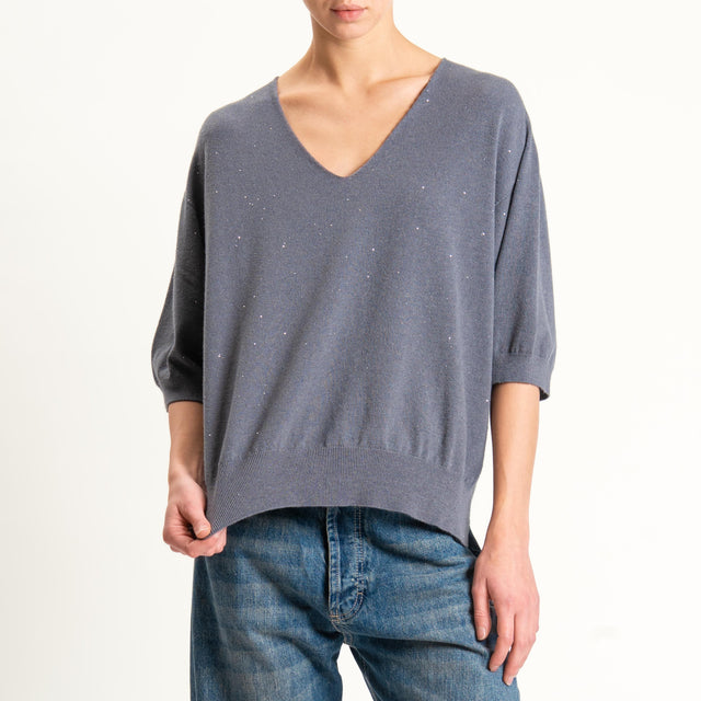 Kontatto-Maglia scollo v con micro paillettes - lavagna