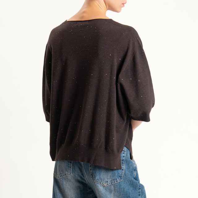 Kontatto-Maglia scollo v con micro paillettes - moro