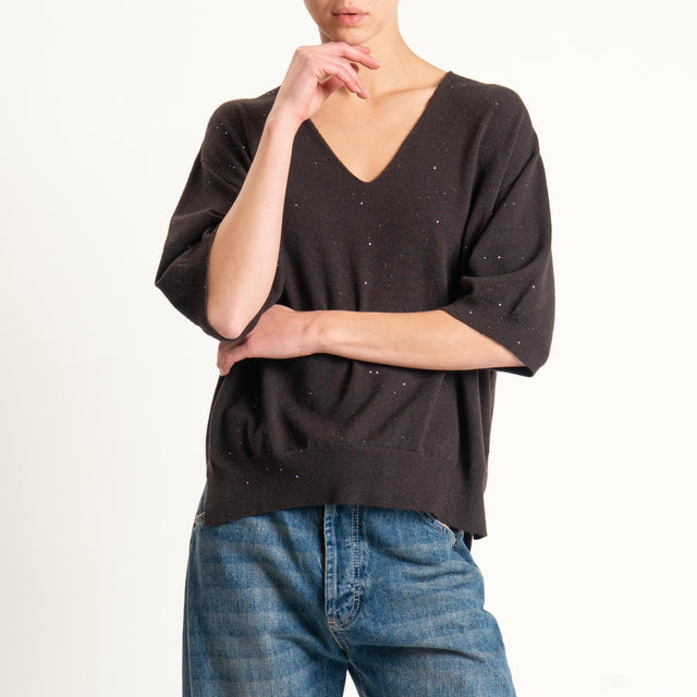 Kontatto-Maglia scollo v con micro paillettes - moro