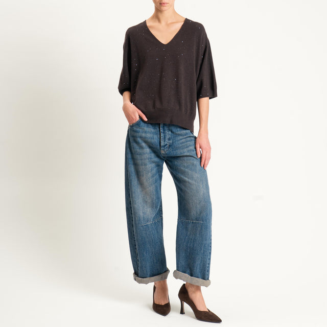 Kontatto-Maglia scollo v con micro paillettes - moro