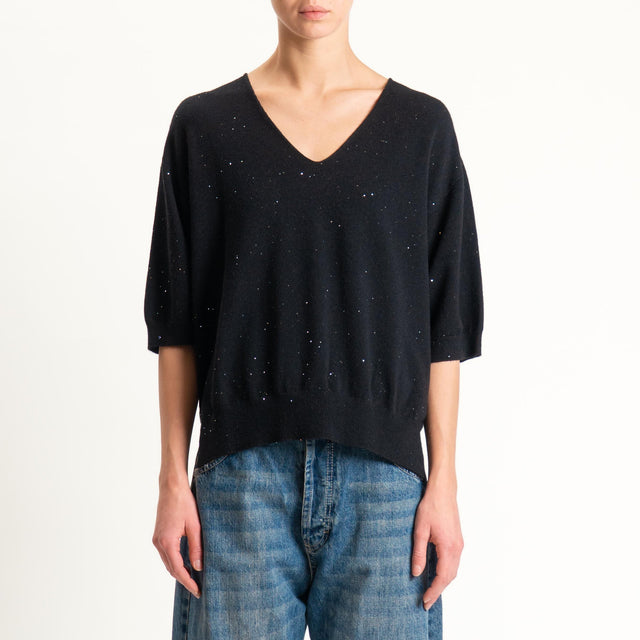 Kontatto-Maglia scollo v con micro paillettes - nero