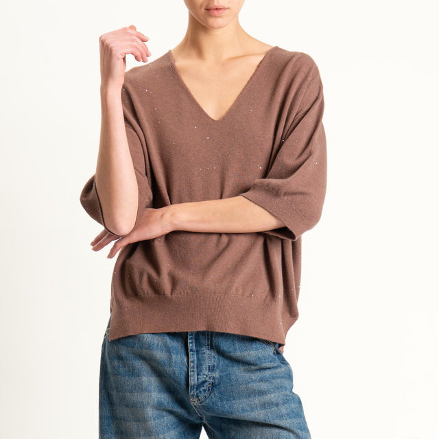 Kontatto-Maglia scollo v con micro paillettes - nocciola