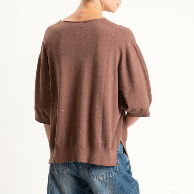 Kontatto-Maglia scollo v con micro paillettes - nocciola