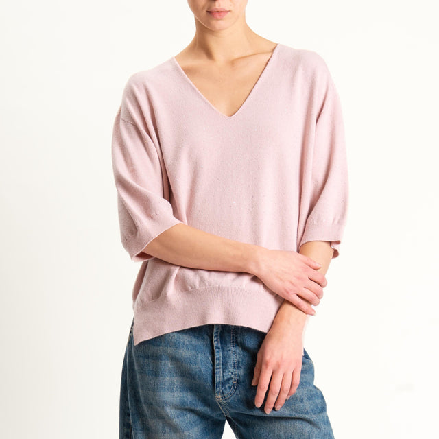 Kontatto-Maglia scollo v con micro paillettes - rosa