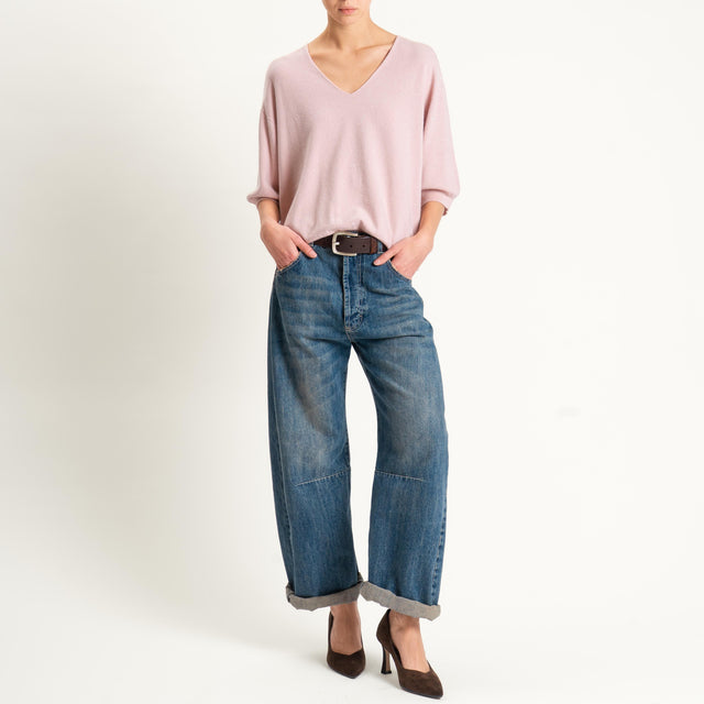 Kontatto-Maglia scollo v con micro paillettes - rosa